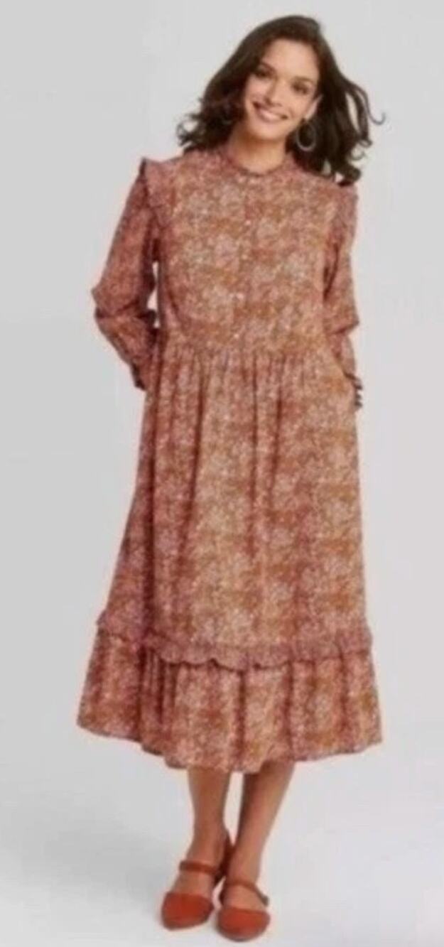 Universal Thread Orange Pink Floral Prairie Cottagecore Farmcore Midi Dress XL